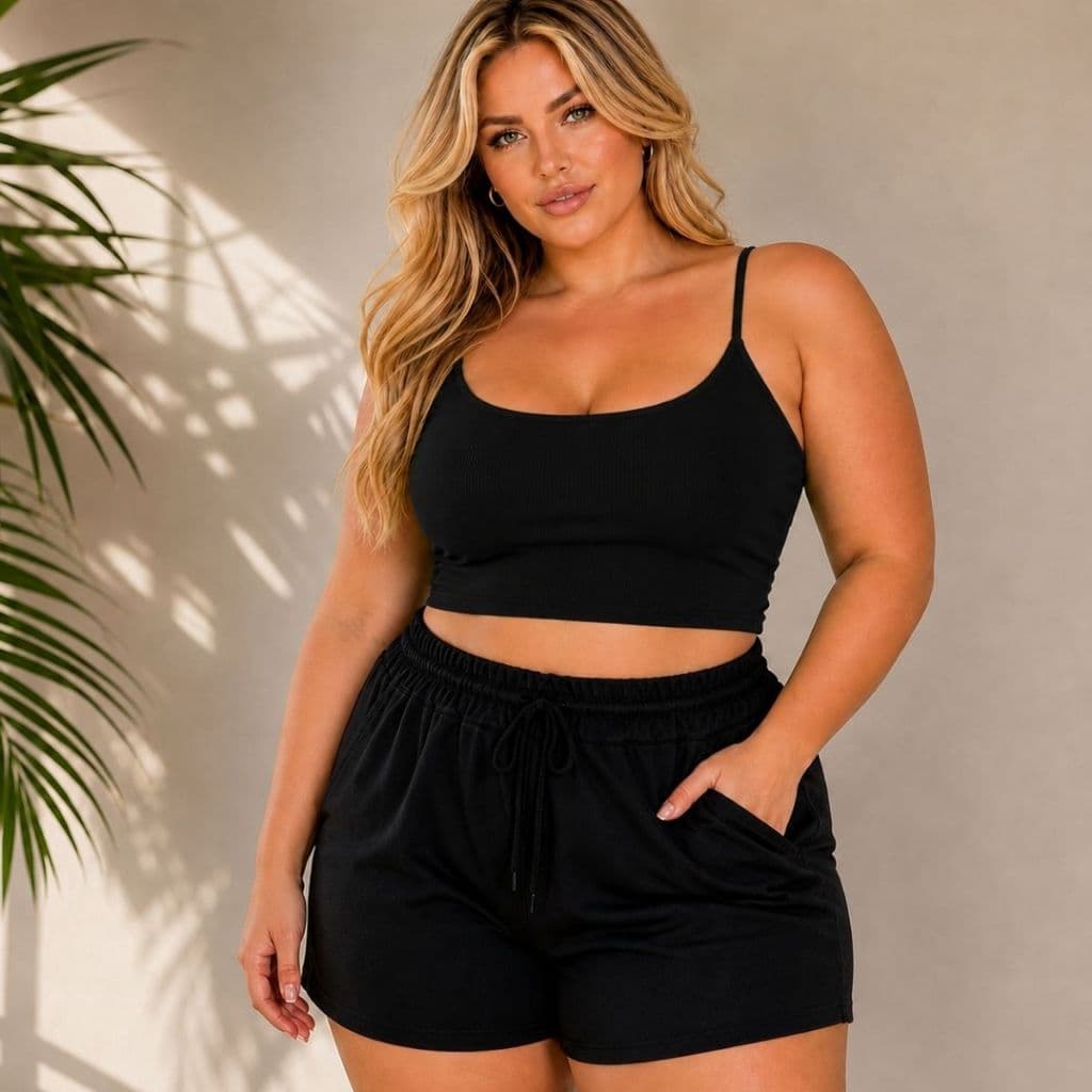 Conjunto Feminino Plus Size Top E Shorts Canelado Ribana Confortável Não Marca Casual Moda Tendência