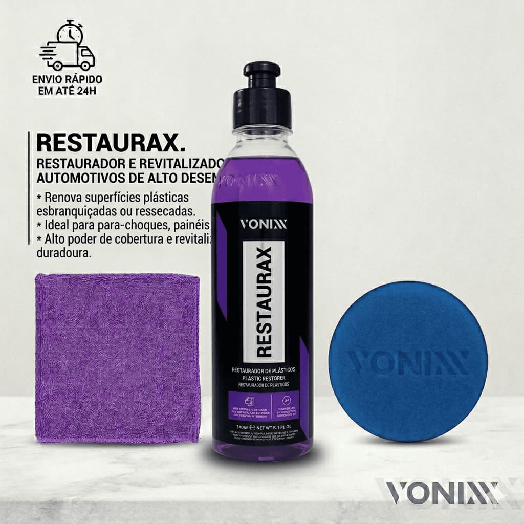 Kit Restaurax 500ml/240ml Vonixx + Aplicador + Pano Microfibra Renovador de Plásticos Profissional