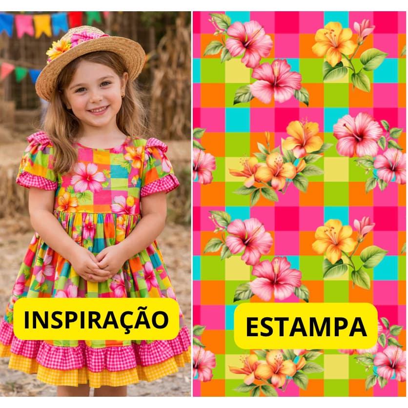 Tecido Tricoline Junino Xadrez Rosa Com Flores - 50 cm x 1,50 m - PARA FAZER VESTIDO E ROUPAS JUNINAS 100% algodão