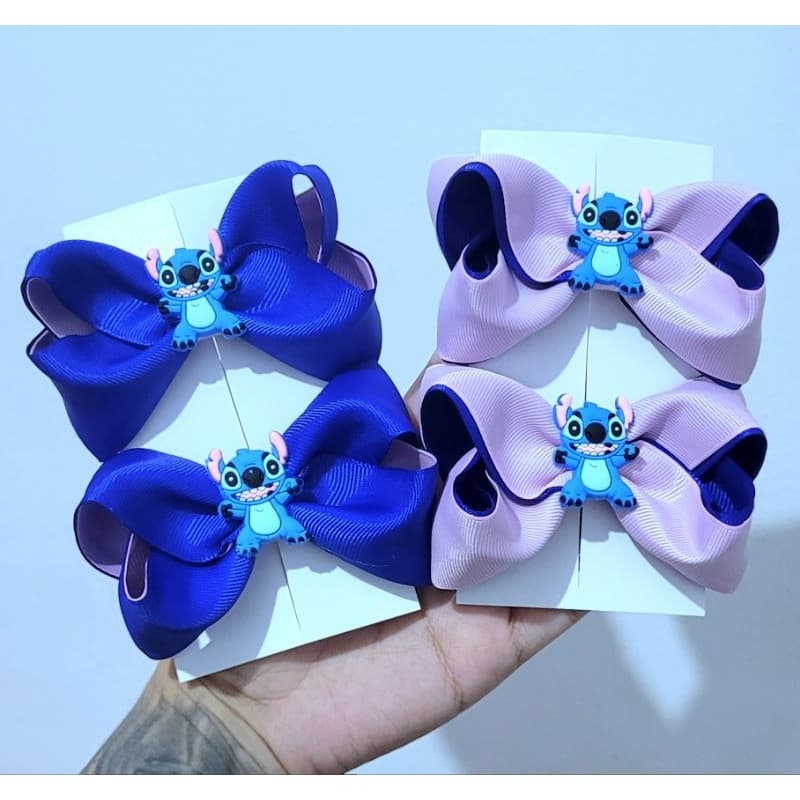 Par de laço de cabelo infantil modelo boutique, laço Stitch, presilha bico de papo