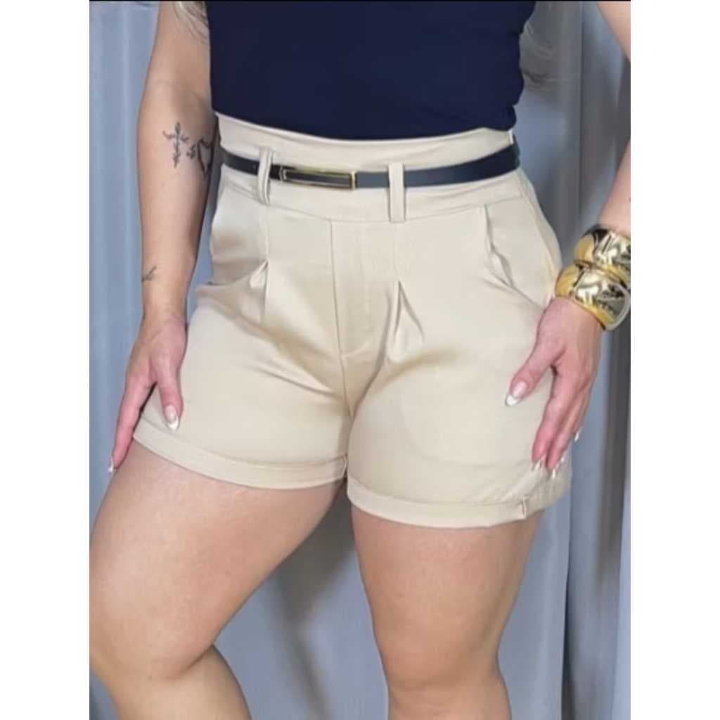 shorts alfaiataria modelo zra com bolso passantes ziper na lateral e cinto em couro ´pu