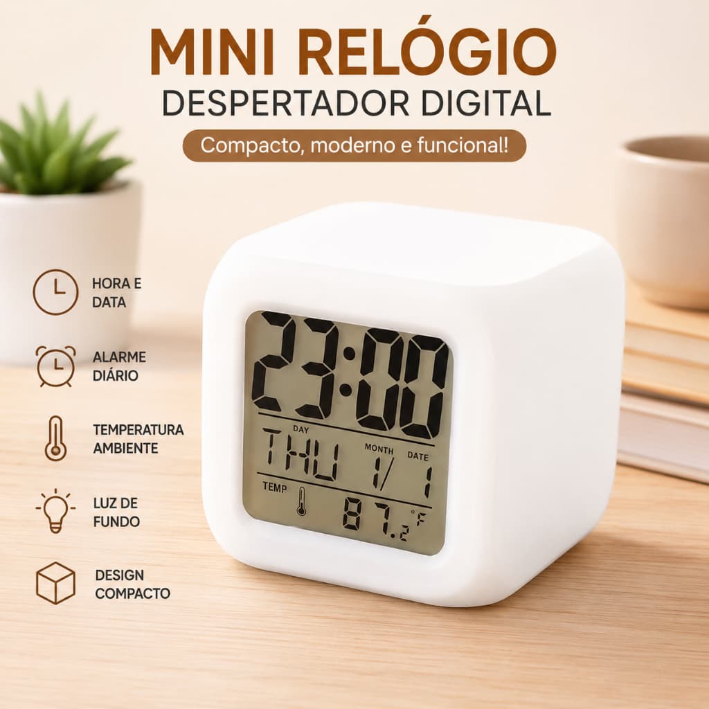 Mini Relógio Despertador Digital LED Colorido com Temperatura Data Hora Função Soneca Compacto Branco