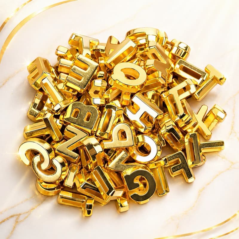 Letras Furo Passante Largo ABS 12mm Letra Sortida Artesanato Personalizar Bijuterias Dourado e Prata