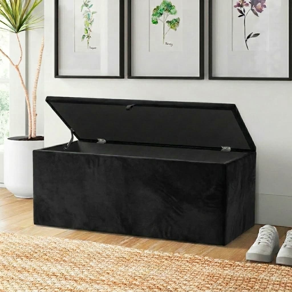 Baú de Armazenamento Grande Retangular Revestido em Veludo 90x40x44cm - Preto