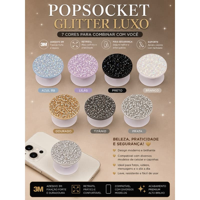 Popsocket Glitter Luxo para Celular Suporte Universal Strass Brilhante Retrátil