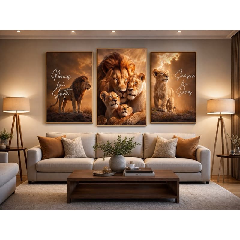 Quadros Decorativos Salmo 91 Salmo 23 Leão Religioso Kit 3 Peças Fé Crista Para Sala Quarto Igreja