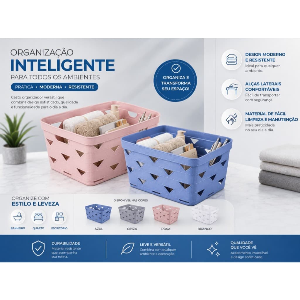 Cesto Pequeno Organizador Multiuso com Alça | Ideal Para vários Ambientes Disponível em 4 cores