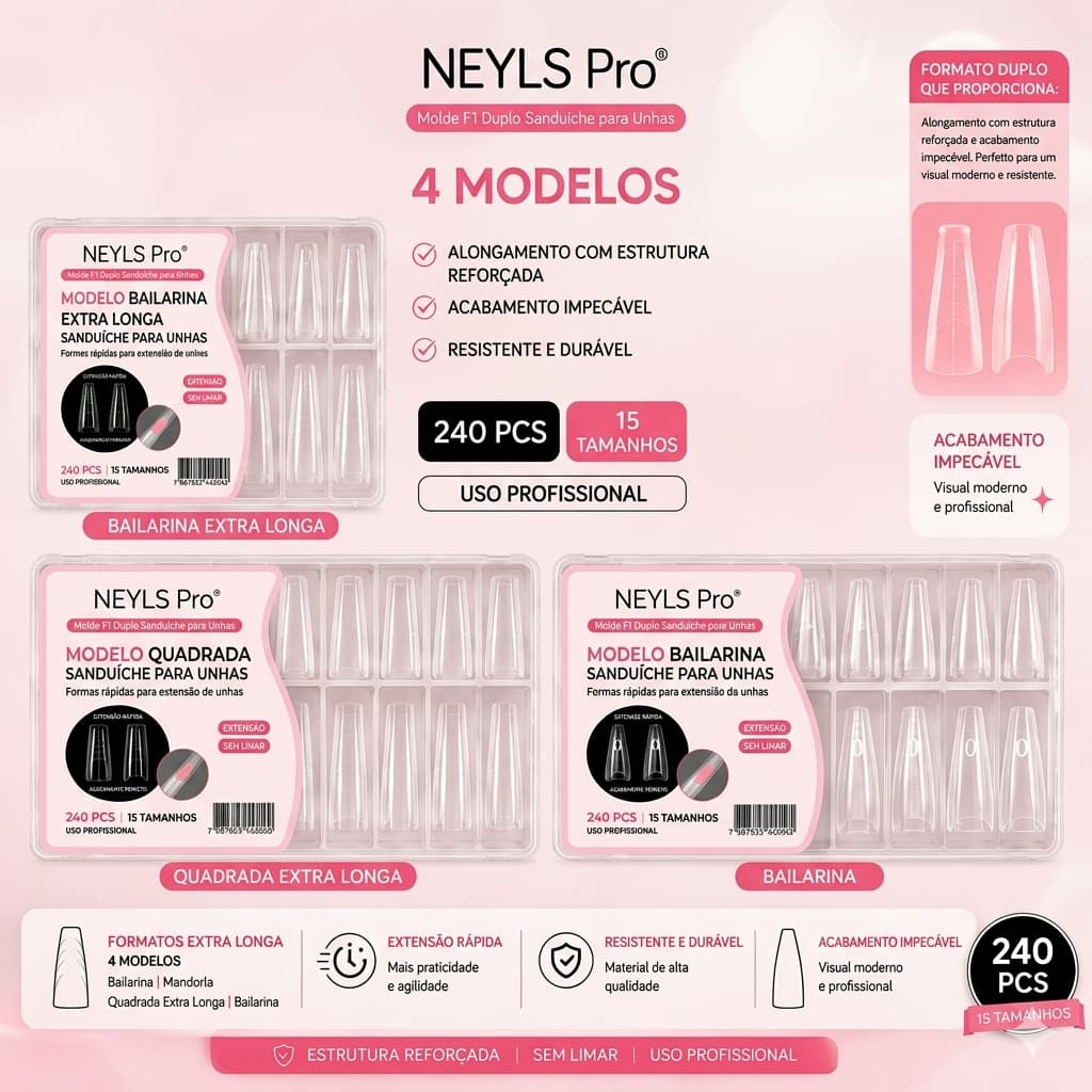 Molde F1 Sanduíche Formas de Unhas Duplas 240 und Extensões Caixinha Profissional Nail Gel