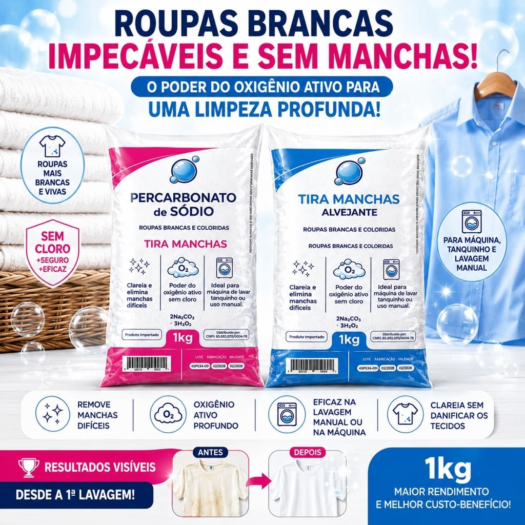 Percarbonato de Sódio 1kg 100% + Tira Manchas Alvejante 1kg Limpeza Profunda Todas as Cores