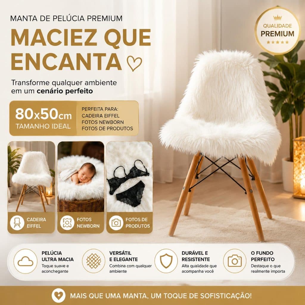 Manta Pelucia Pelo Alto Luxo Branco Decoração Newborn Sofá 80x50cm - Novadecora