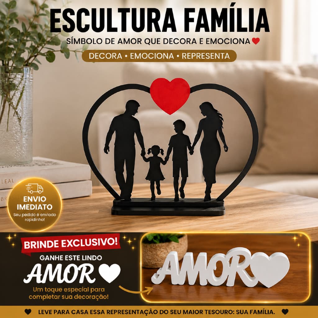 Escultura Família Coração Decorativa Enfeite Mesa Amor União Decoração Sala + Letreiro AMOR