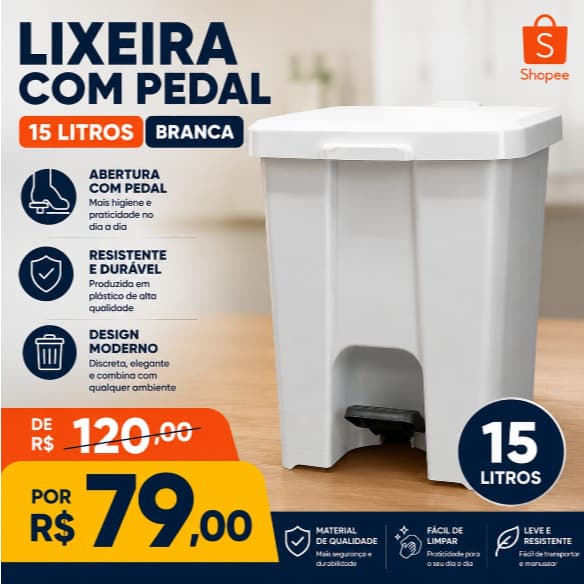 Lixeira 15 Litros com Pedal – Cesto Reforçado Multiuso | Para Banheiro, Cozinha e Decoração