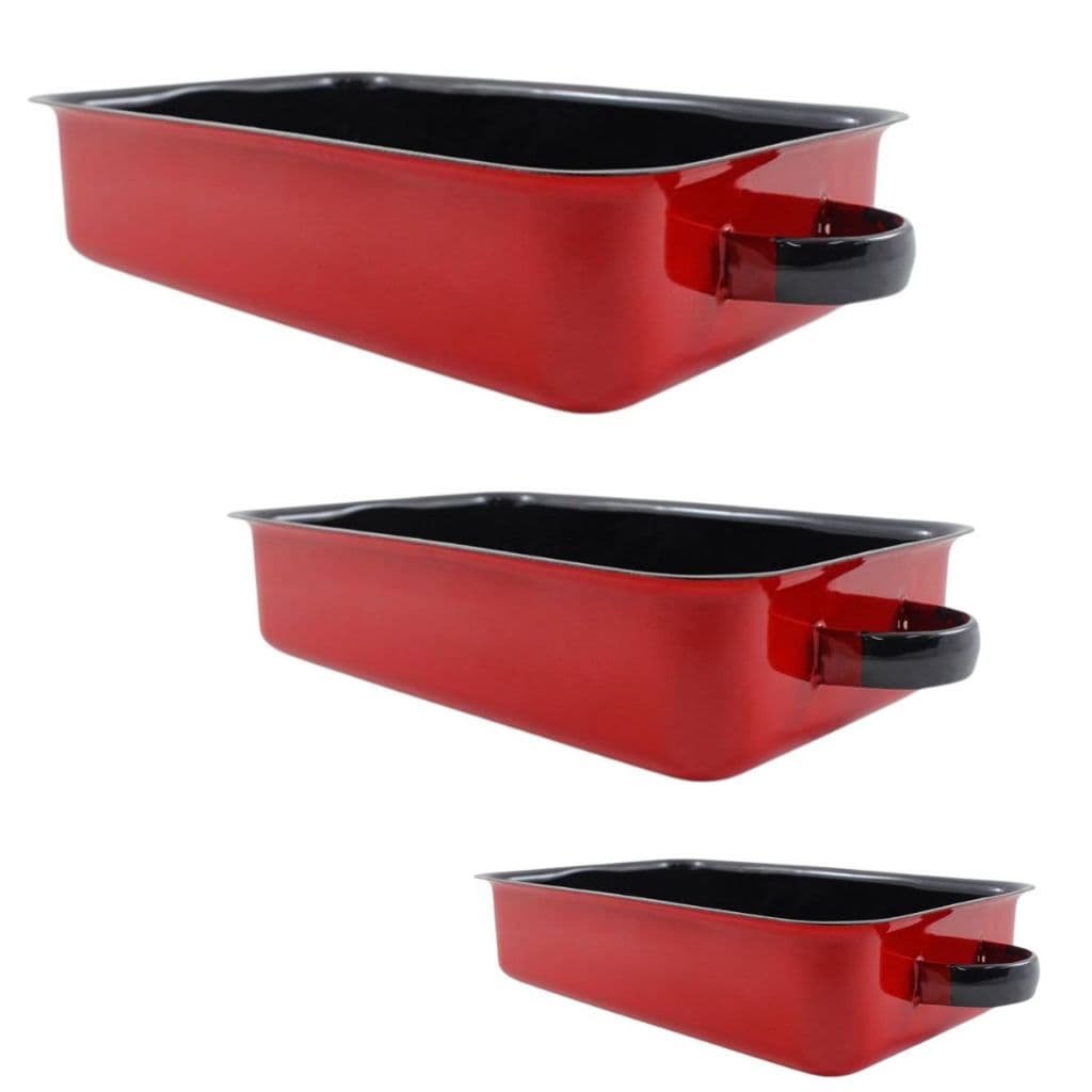 Kit 3 Formas Bandeja Esmaltada Ewel Retangular Vermelho P,M,G