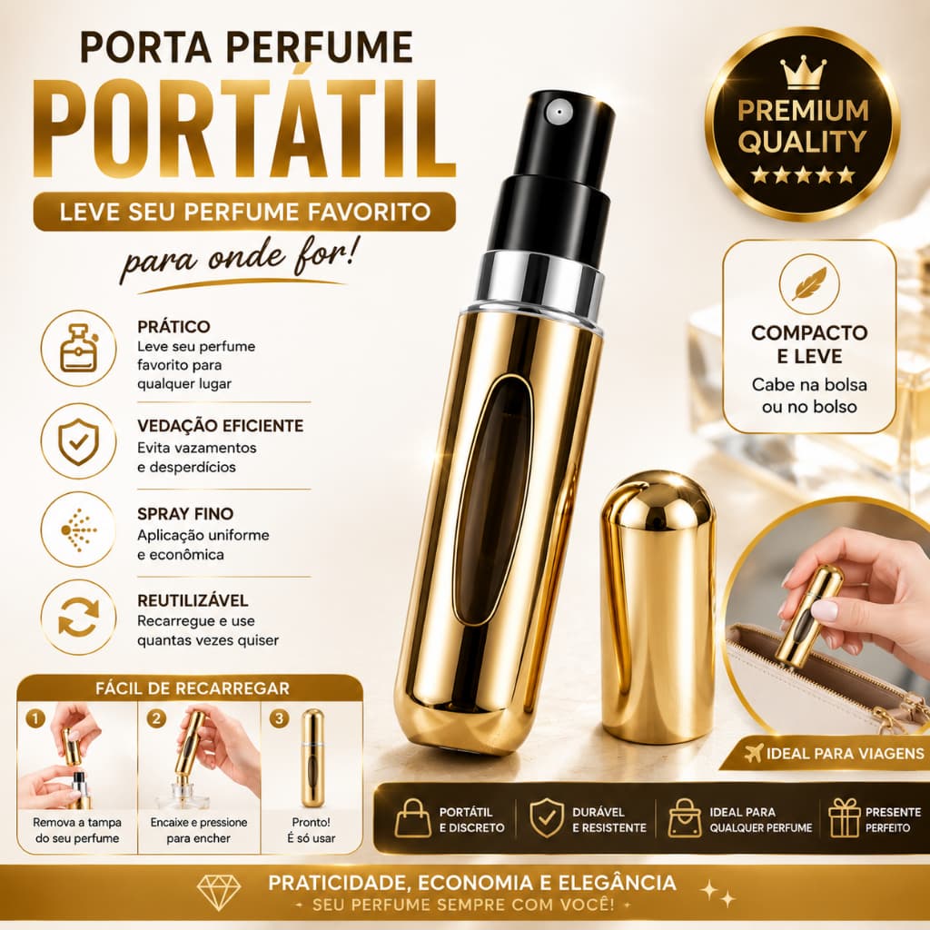 Porta Perfume Portátil Recarregável Spray Viagem Bolsa 5ml luxo dourado reutilizável