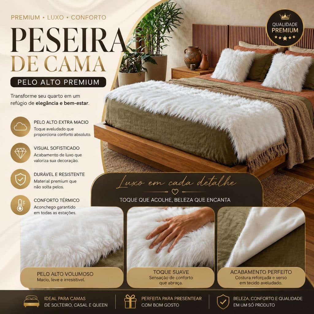 Peseira Cama Manta Xale Pra Sofá Cadeira Pelo Alto 7cm Pelúcia 1,60x0,50m