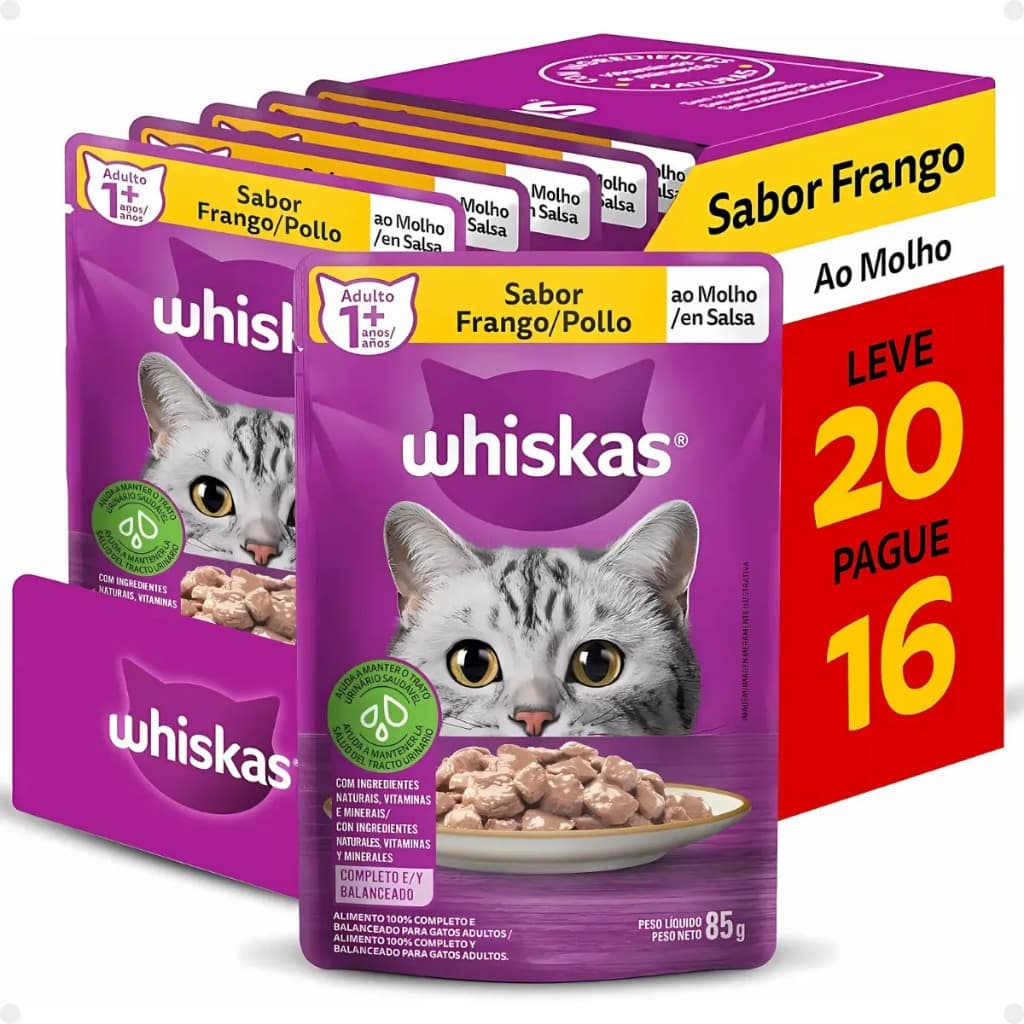 Caixa Whiskas Gato Adulto Frango 20 Sachê 85g - Leve 20 Pague 16
