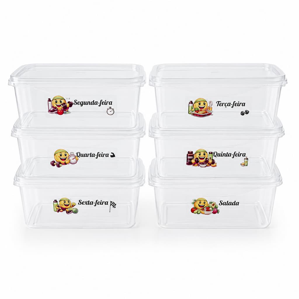 Kit 6 Marmitas Fitness 1 Litro com Tampa Plástico Transparente Pote Organização Família Meal Prep