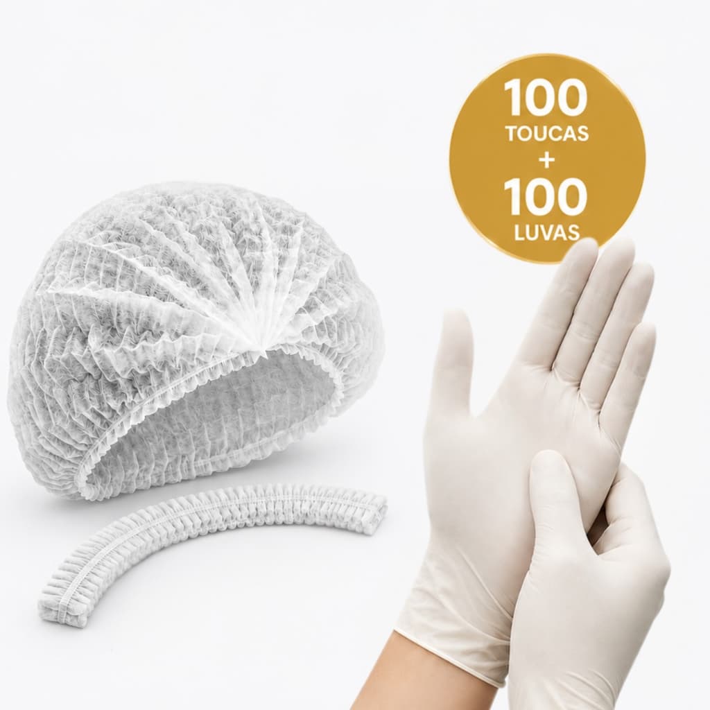 100 Toucas Descartáveis TNT BRANCA + 100 Luvas Látex Com Pó Uso Geral