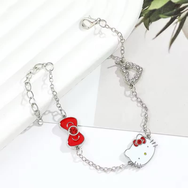 🎀🐱 Pulseira Hello Kitty Laço Vermelho Fofa Ajustável | Aço Inoxidável | Estilo Kawaii Delicado ✨💖