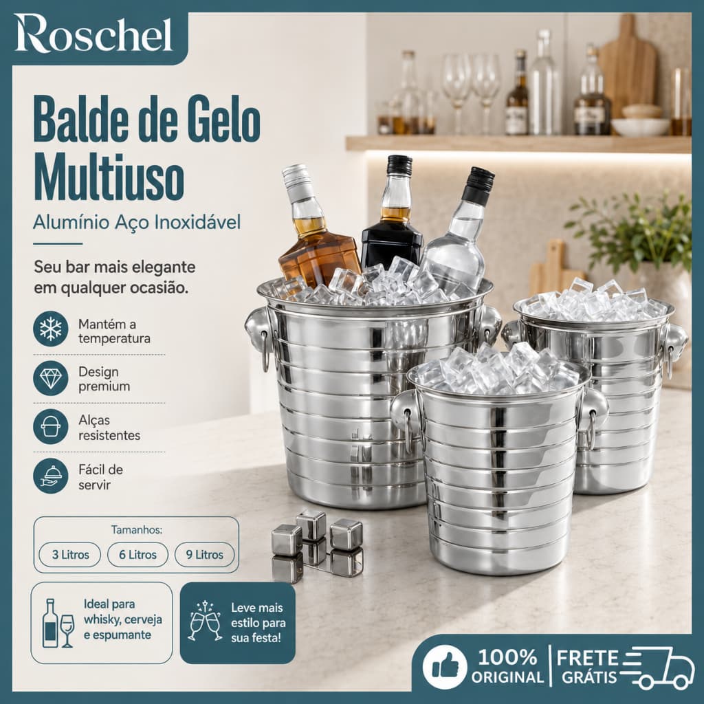 KIT 3 Balde de Gelo 100% Aço Inox 3/6/9L Multiuso Festa Casa Bar Resistente Premium