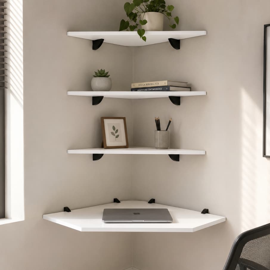 Kit Home Office de Canto Suspenso e 3 Prateleiras Mesa Escrivaninha em MDF 15mm