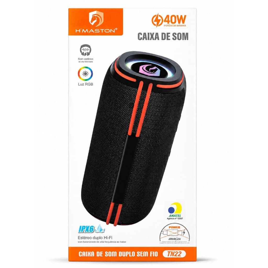 Caixa de Som Bluetooth H’Maston TN22 40W RGB Sem Fio IP16 🔊✨