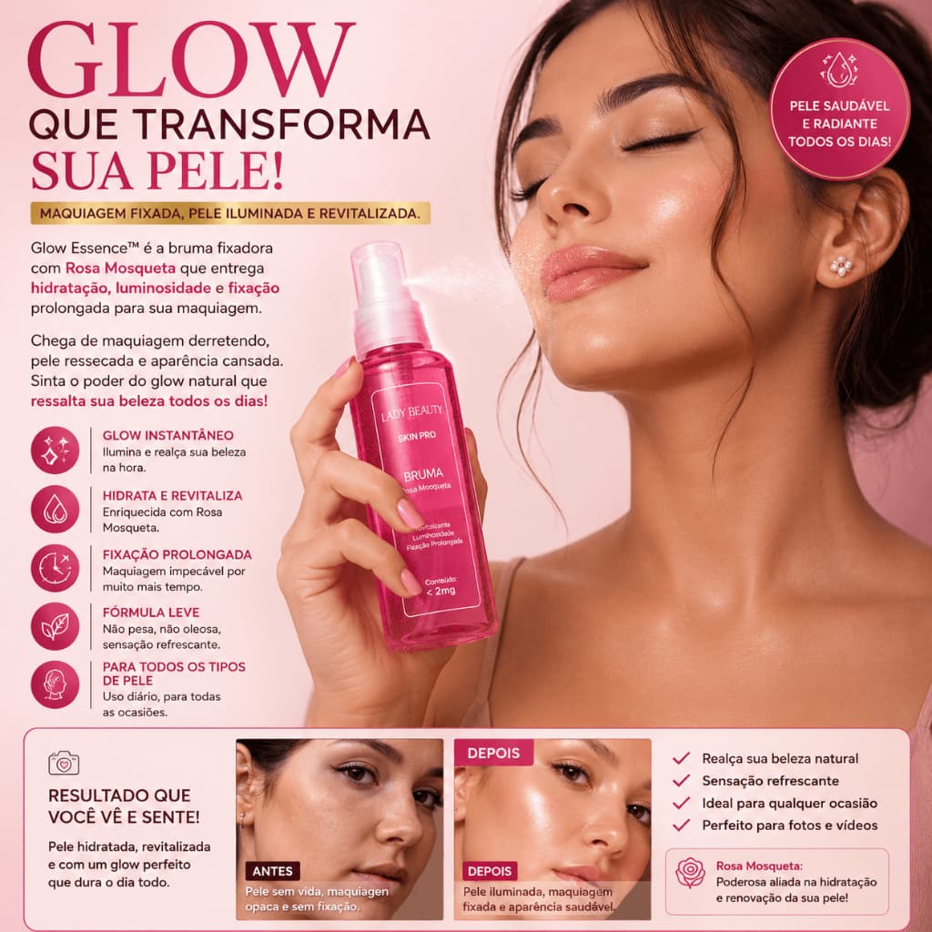 Spray Fixador de Maquiagem Bruma Rosa Mosqueta 130ml - Fixação 24h, Efeito Glow Natural e Hidratação Profunda