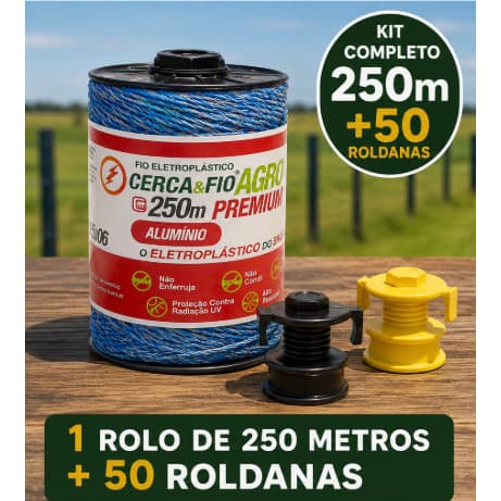Kit Fio Eletroplástico Alumínio 15x06 250 M + 50 Isoladores Roldana Cerca Elétrica Rural Gado Alta Resistência