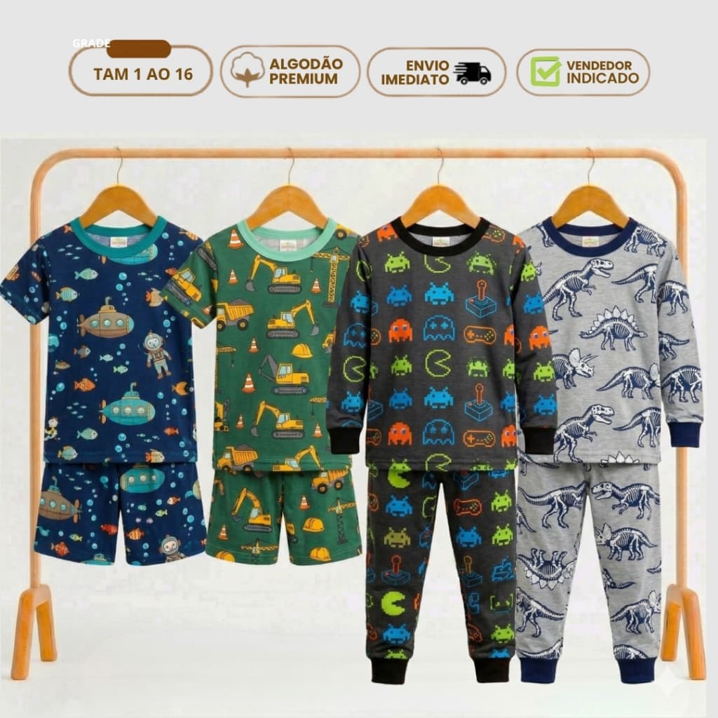 Kit 4 Peças Pijama Infantil Menino Verão e Inverno 1 Conjunto Pijama Verão 1 Conjunto Pijama Inverno Algodão 1 a 16 anos