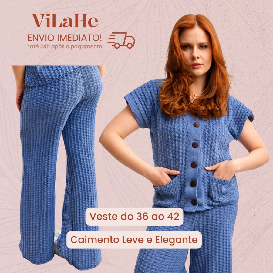 Conjunto Feminino Tricot Canelado Blusa Botão Calça Wide Elegante Confortável Moda Caimento Perfeito
