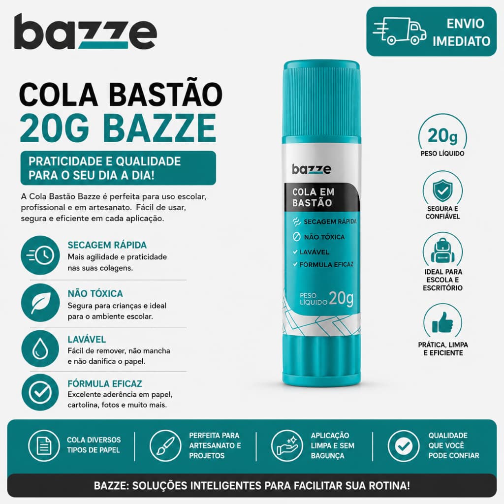 Cola Bastão 20g Bazze Escolar Não Tóxica Secagem Rápida Papel Artesanato Unidade Kit