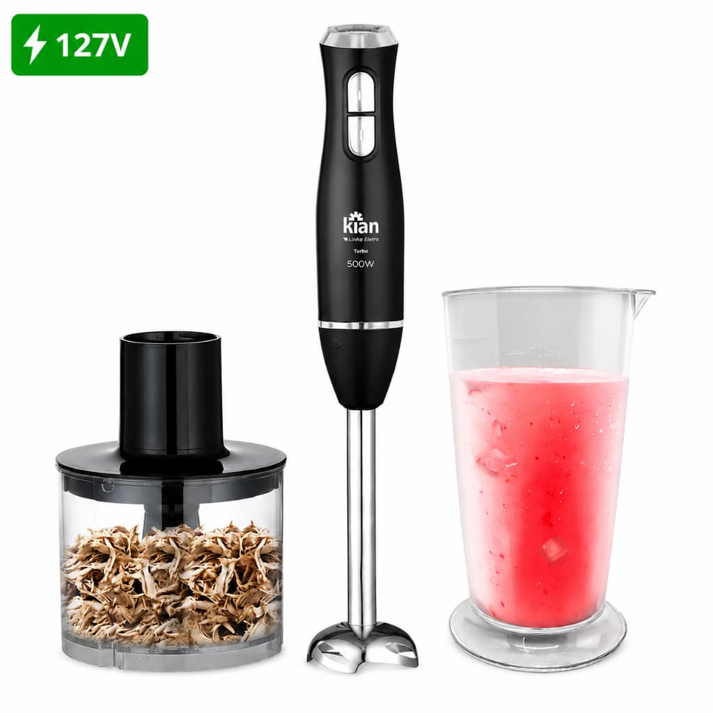 Mixer Turbo 2 em 1 Kian 500 W – Preto & Inox | 2 Velocidades + Copo Medidor & Processador | 127 V