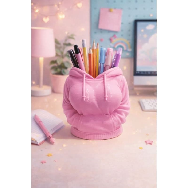 Porta-lápis em formato de moletom rosa – design criativo e moderno