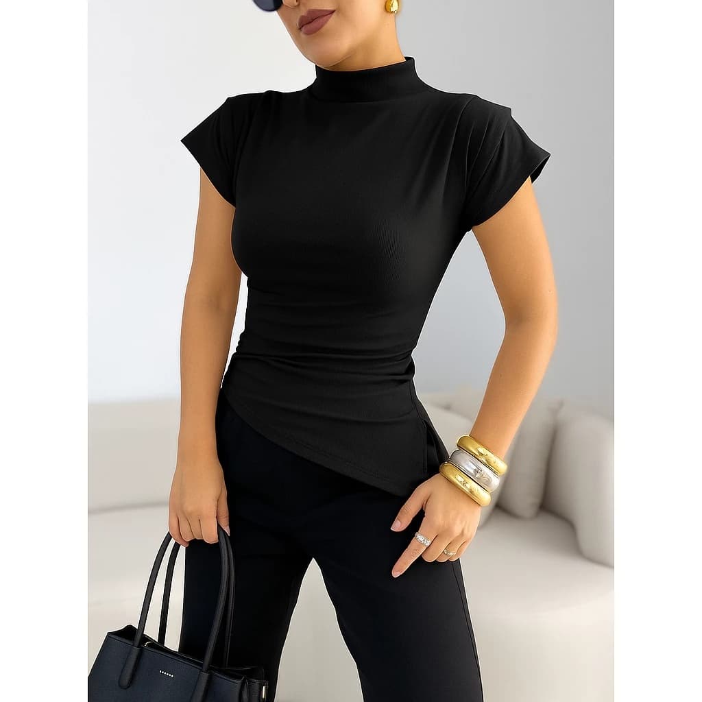 Blusa Feminina Ribana Canelada Assimétrico Gola Alta Estilosa Básica Moda Luxo Chic Confortável