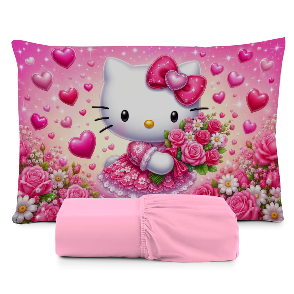 JOGO DE LENÇOL SOLTEIRO INFANTIL HELLO KITTY ROSA QUARTO DE MENINA LENÇOL DE ELASTICO