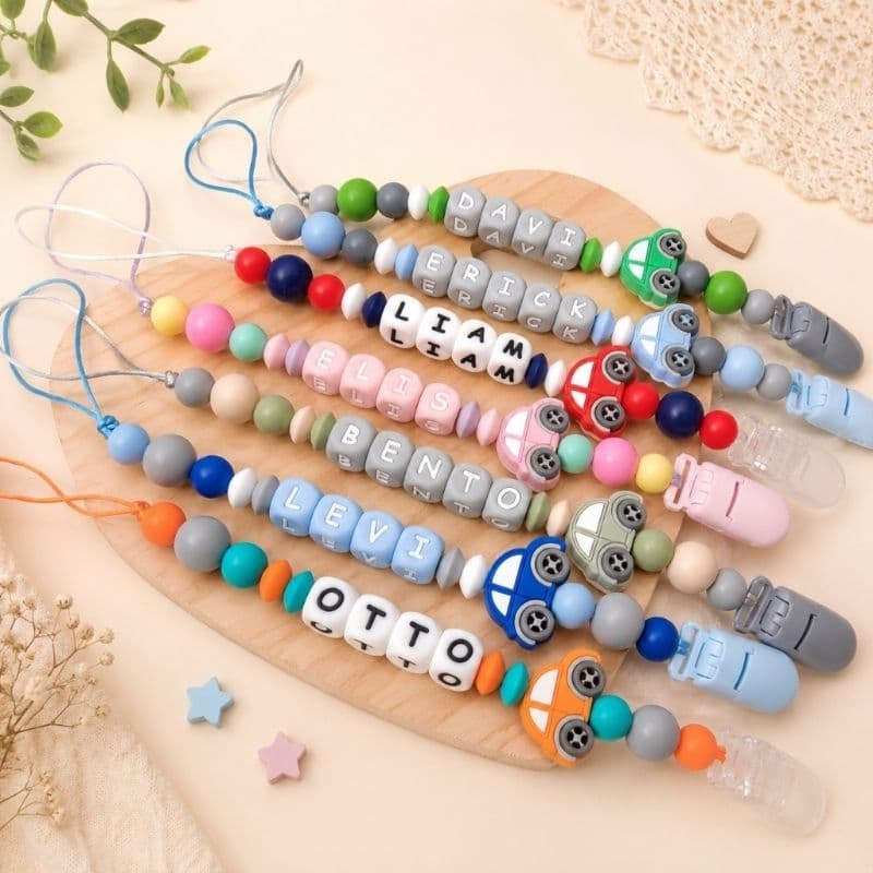 Prendedor de Chupeta de Silicone Macio e Mordedor Personalizado com Nome do Bebê Carrinho BPA FREE