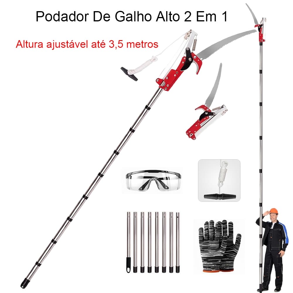 Back Field Podador De Galho Alto 2 Em 1 Telescopico 3,5m/4m Com 8 Varas E Polia Dupla