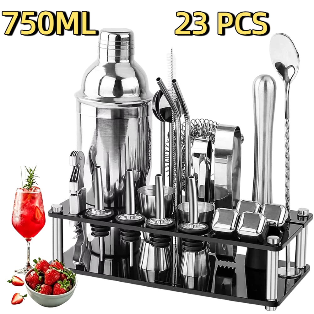 Cocktail Bar Utensilios Kit 23 Peças Inox Coqueteleira 750ml Profissional + Suporte Sacador Dosador