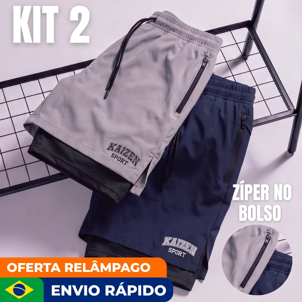 Kit 2 bermuda tactel 2 em 1 com zíper  com compressão academia E CORRIDA