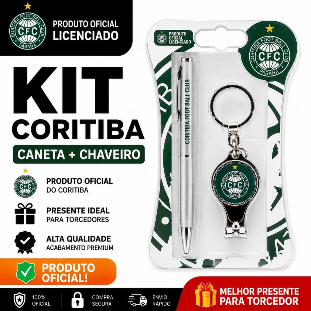 Kit Caneta e Chaverio Cortador Metal Oficial Coritiba – Presente Perfeito para Torcedor Coxa-branca