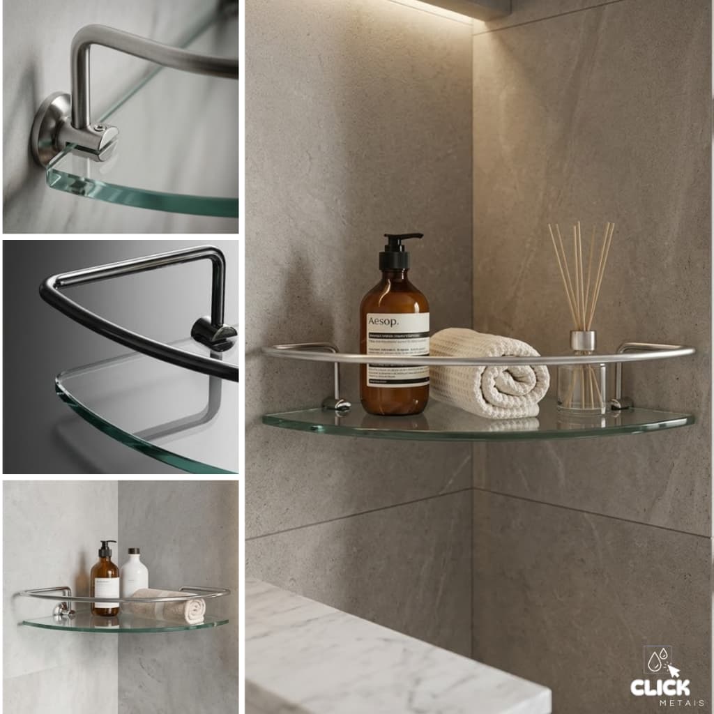 Porta Shampoo de Canto em Vidro Prateleira Para Banheiro Organizador Resistente Moderno Metal