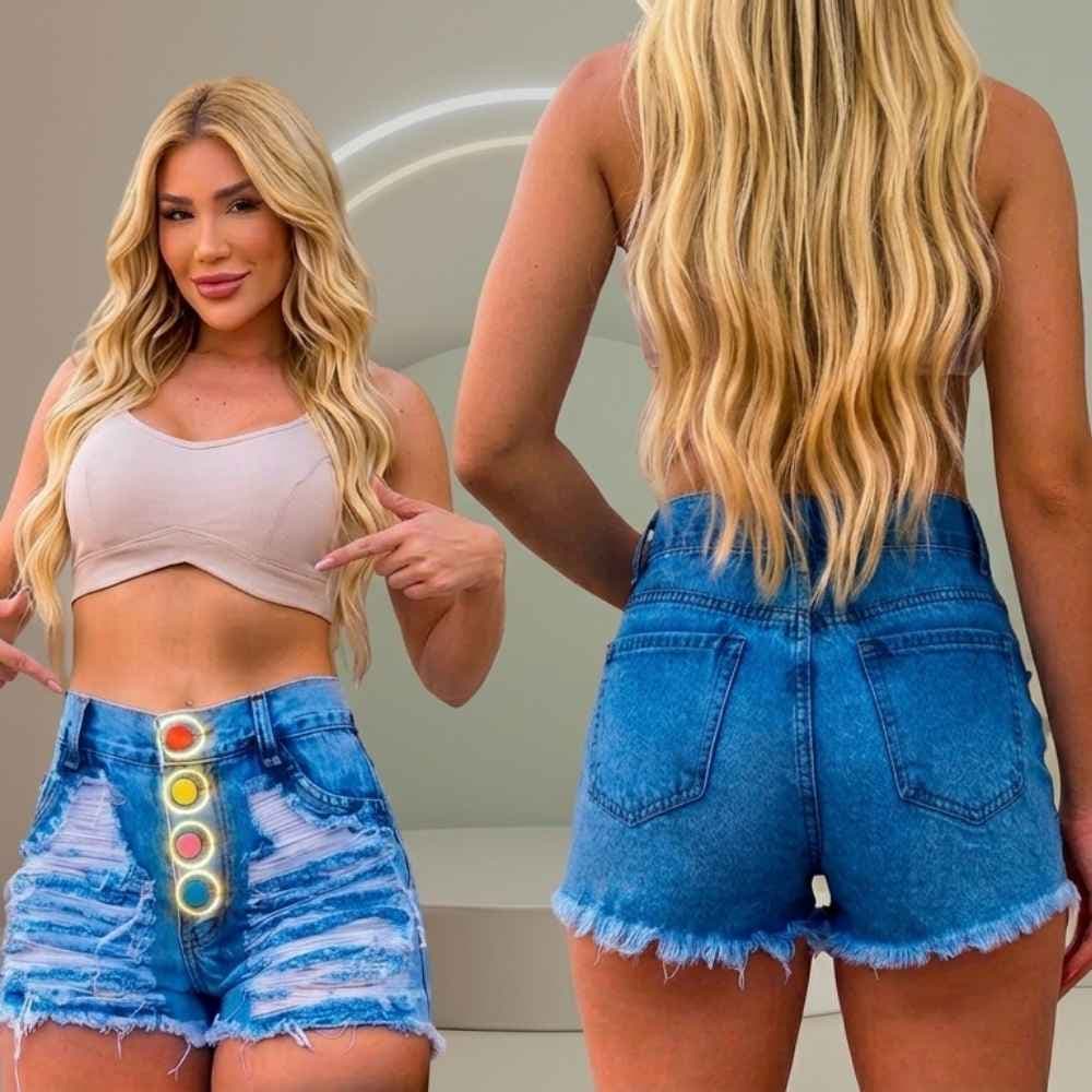 Short Jeans Feminino Cintura Alta Destroyed Botões Coloridos Blogueira