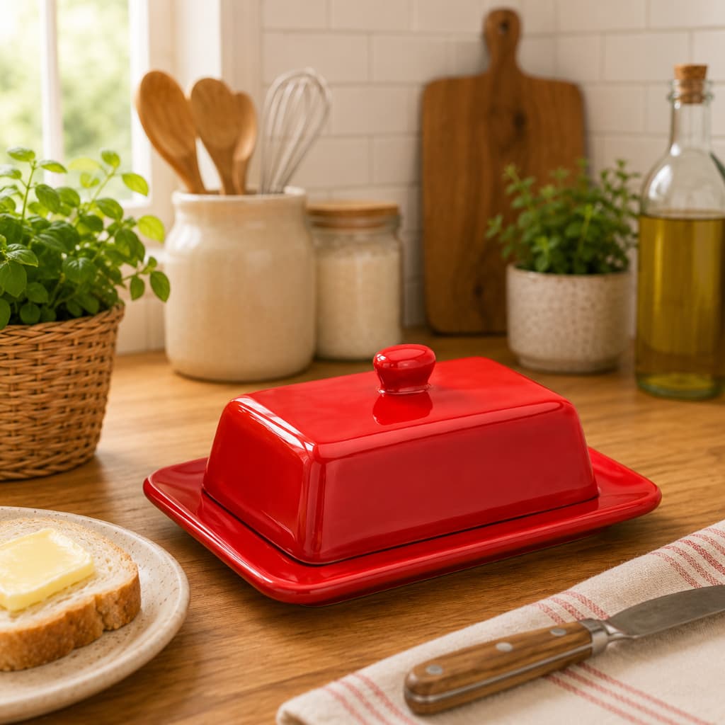 Manteigueira Retangular Com Tampa Vermelha Decoração Cozinha Cerâmica