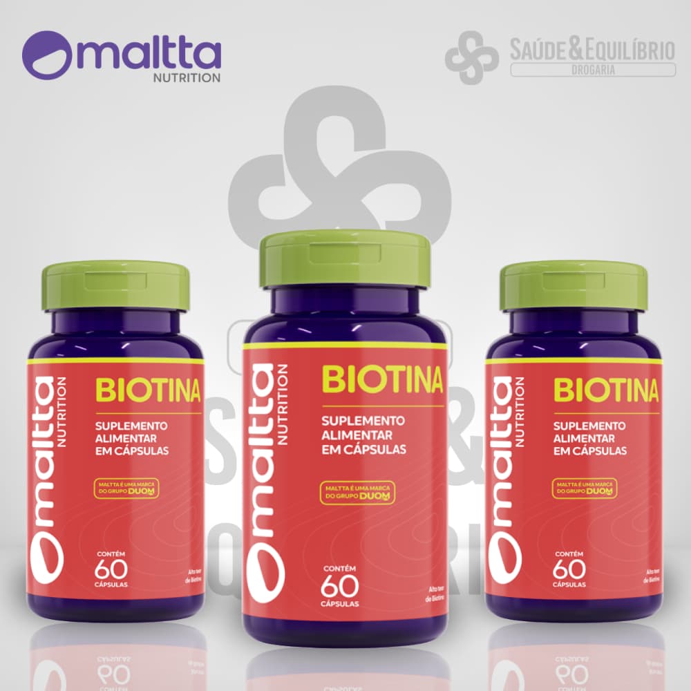 Biotina Vitamina B7  Saúde Cabelo Pele  Unhas Adulto dia a dia 60 Cápsulas - MALTTA NUTRITION