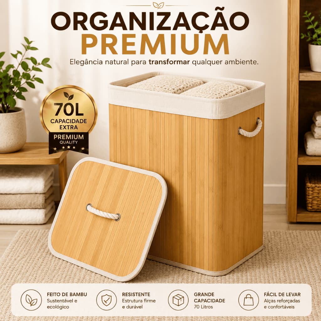 Cesto Organizador Bambu 70 Litros Com Tampa Alca Resistente Sustentavel