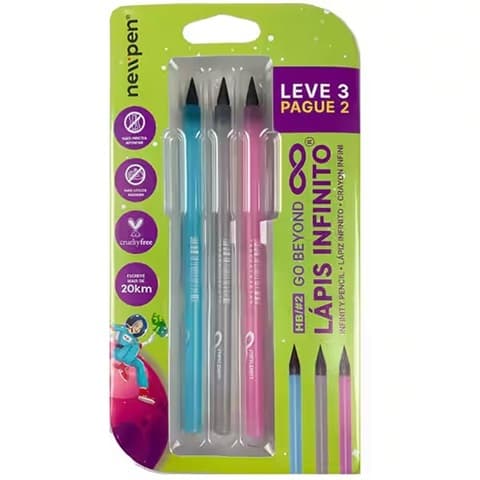 Lápis Infinito HB Preto, Kit com 3 lápis, Newpen - BT 3 UN
