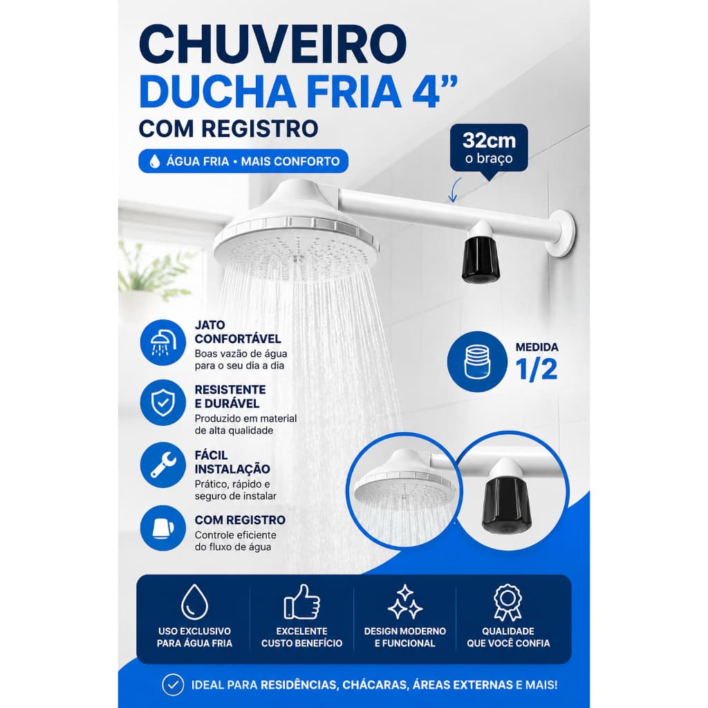 Chuveiro Ducha Fria 4" com Registro