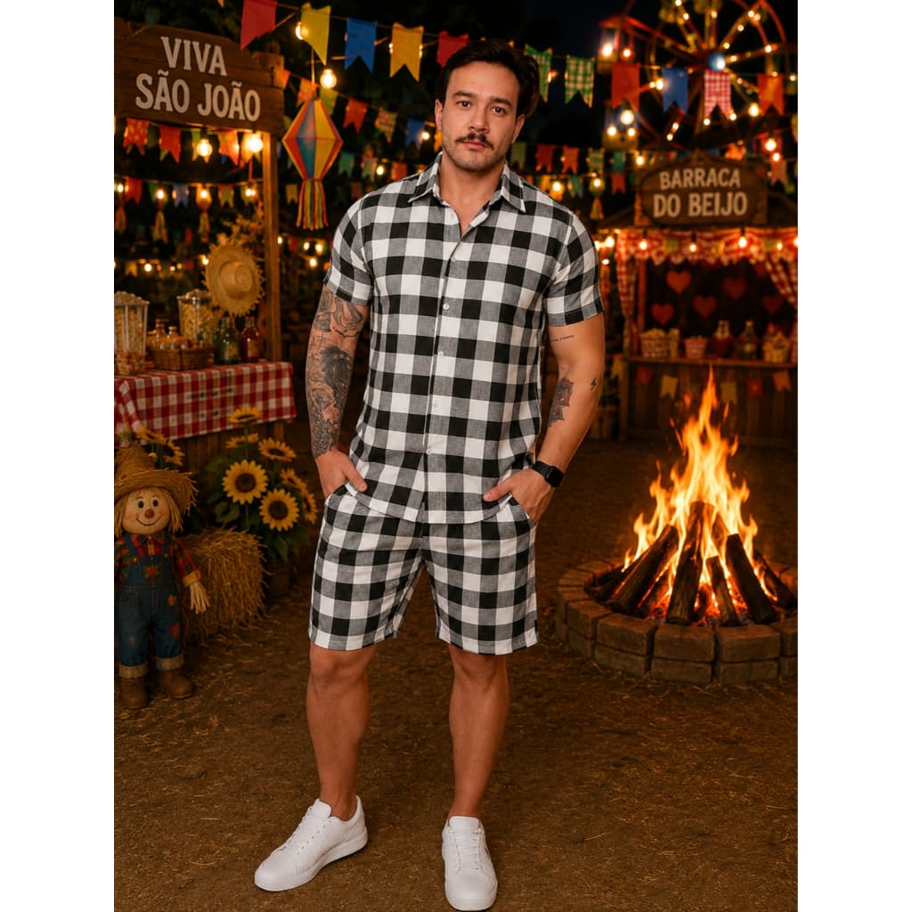 Conjunto Camisa E Shorts Xadrez Quadriculado Festa Junina Estampado Masculino Viscolinho