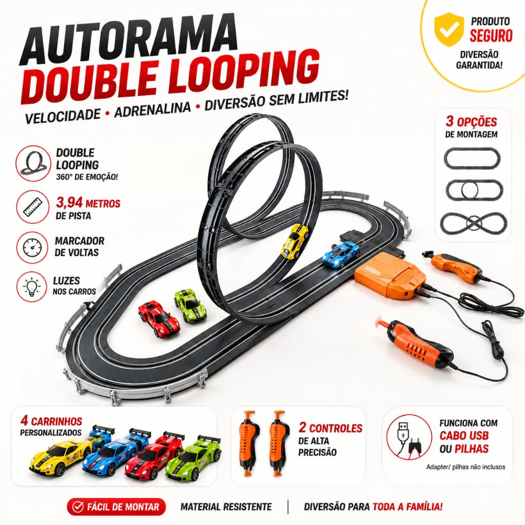 Autorama Elétrica Com Pista 3,40 Mts Double Looping 4 Carros