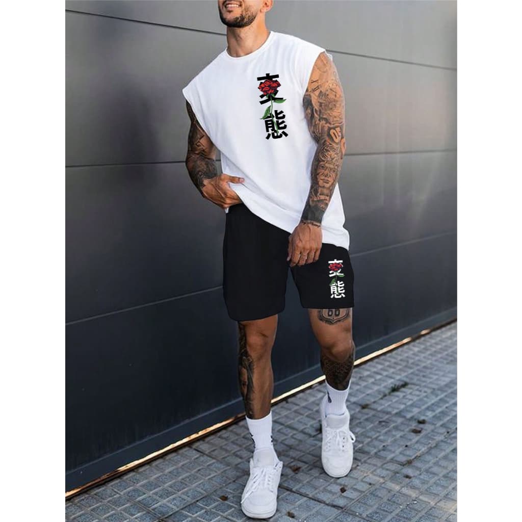 Conjunto Masculino Regata Machão e Short Preto Lançamento Exclusivo Escrita Japonês Rosa
